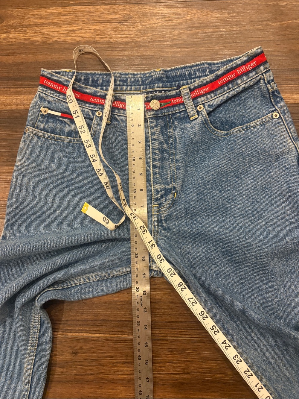 Tommy Hilfiger women’s Straight Blue Denim Jeans with Red Waistband Accent - Picture 13 of 14